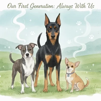 A painting of a Doberman, a brindle pit bull, and a yellow chihuahua side by side, based on our three pups who have passed on.