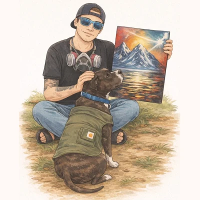 Spray, the co-owner of Zoomies and an artist, showing off one of his paintings with his dearly departed pit bull Marley at his feet.