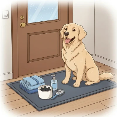 A golden retriever sitting patiently on a blue entryway mat beside neatly arranged grooming supplies, including towels, a brush, a pump bottle, and a small bowl of cleaning tools.