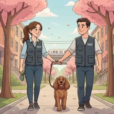 A pair of dog walkers supervises a spaniel on his walk; she is handing him the leash with one hand and holding a roll of poo bags in the other.