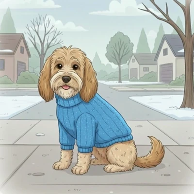 The same doodle as above, with a shorter hair cut, wearing a sweater and looking much happier.