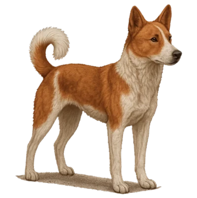 Tan and white Canaan Dog, with its distinctive desert-ready dense coat, pointed ears and curled tail.