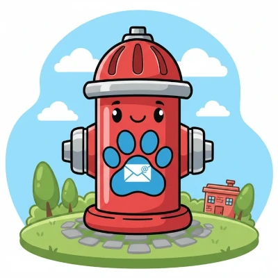 A smiling cartoon fire hydrant with a paw print on it that has an email envelope in it