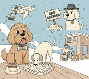 A cartoon-style collage for the Zoomies Dog Care Weekly Round-Up. The image features a cheerful Goldendoodle named 'Jet Blue' next to a 'Cloud Dancer' colored bowl, a dog in a police uniform representing a federal crackdown on bad breeders, a snowy Zoomies Canine Care building in Rockville, and a dog wearing a snuffle mat as a hat to represent indoor enrichment.