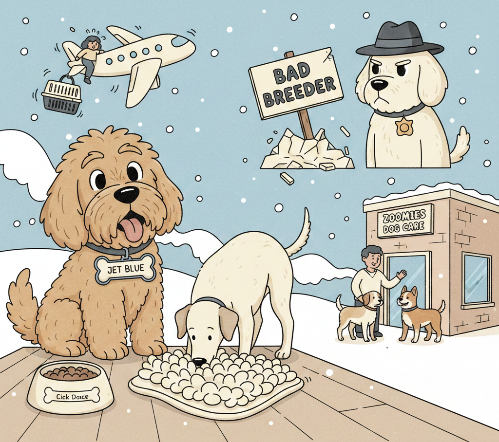 A cartoon-style collage for the Zoomies Dog Care Weekly Round-Up. The image features a cheerful Goldendoodle named 'Jet Blue' next to a 'Cloud Dancer' colored bowl, a dog in a police uniform representing a federal crackdown on bad breeders, a snowy Zoomies Canine Care building in Rockville, and a dog wearing a snuffle mat as a hat to represent indoor enrichment.