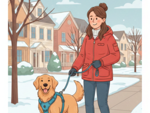 A cartoon-style illustration of a professional dog walker in Rockville, MD, walking a happy dog in a Y-front harness on a snowy sidewalk, featuring winter gear and paw care.