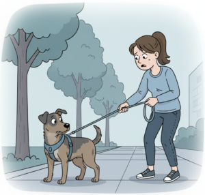 Cartoon-style illustration of a stressed female dog walker with a ponytail pulling tightly on a straight, tense leash. The mixed-breed dog looks anxious and alert, mirroring the walker's worried expression. The background shows a grey, muted sidewalk setting, illustrating the "Tight Leash Trap."