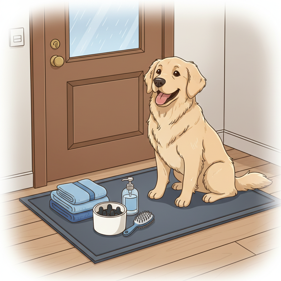 Cartoon-style illustration of a happy Golden Retriever sitting on a clean entryway mat indoors while it rains outside. Next to the dog is a "mud-catching" station featuring a stack of blue microfiber towels, a white paw-washing cup, a brush, and a bottle of grooming foam.