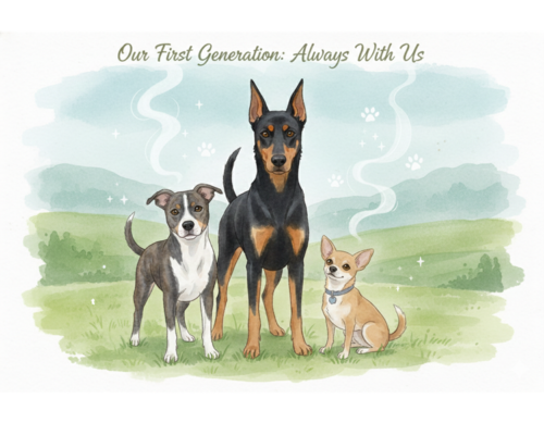 A soft watercolor illustration of our lost pups, standing together in a peaceful green meadow under a blue sky, titled "What Grief Taught Us"
