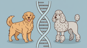 A cartoon comparison of a Golden Retriever with fur and a Poodle with hair, showing a DNA strand to represent the difference between dog hair and fur.