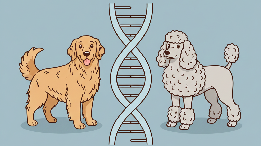 A cartoon comparison of a Golden Retriever with fur and a Poodle with hair, showing a DNA strand to represent the difference between dog hair and fur.