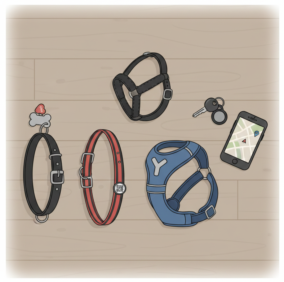 A cartoon-style layout of various dog walking equipment including a Y-front harness, a martingale collar with ID tags, and a gentle-lead face harness.