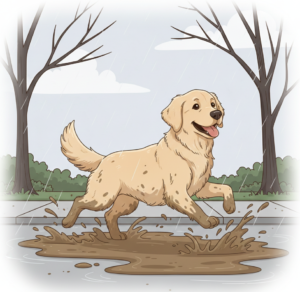 Cartoon-style illustration of a happy Golden Retriever splashing through a large, muddy puddle on a sidewalk during a rainy day in Montgomery County. The dog’s paws and underbelly are covered in mud, capturing the "Maryland Mud" struggle before the Zoomies cleanup routine.