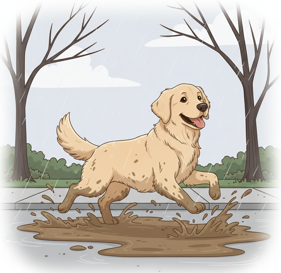 Cartoon-style illustration of a happy Golden Retriever splashing through a large, muddy puddle on a sidewalk during a rainy day in Montgomery County. The dog’s paws and underbelly are covered in mud, capturing the "Maryland Mud" struggle before the Zoomies cleanup routine.
