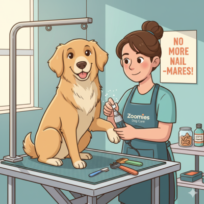 Cartoon of a Zoomies Dog Care groomer using a nail grinder on a calm Golden Retriever, demonstrating a safe and professional nail trim in a clean grooming studio. no nail trim nightmare here