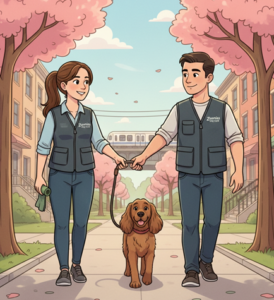 A professional two-person dog walking team providing safety in numbers for a dog in Montgomery County.