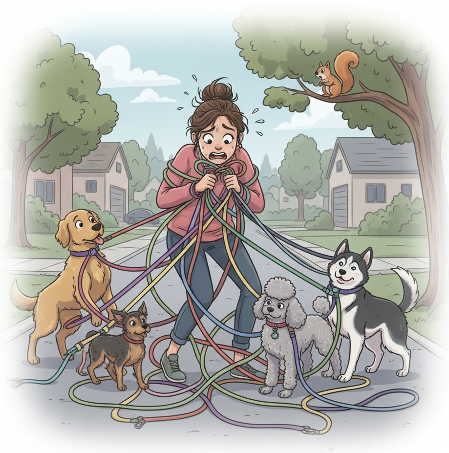 A cartoon-style illustration of a stressed female dog walker standing on a suburban sidewalk, completely overwhelmed and tangled in several colorful leashes. Four dogs of different breeds—a Golden Retriever, a Husky, a Poodle, and a small Terrier—are pulling in different directions, causing the leashes to crisscross and wrap around the walker. A squirrel watches from a nearby tree, adding to the chaotic energy.