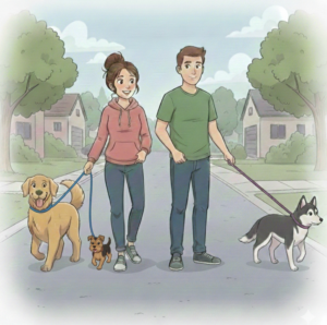 A cartoon-style illustration of the Zoomies Power Team demonstrating a safe multi-dog walk. A female walker calmly holds a blue leash for a Golden Retriever and a small Terrier, while a male walker (Spray) walks beside her holding a purple leash for a Husky. All leashes have a clear, relaxed "J-shape" slack, and there is plenty of space between the calm, happy dogs as they walk down a sunlit neighborhood street.