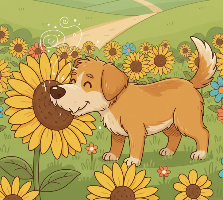 Cartoon illustration of a dog sniffing a sunflower in a Montgomery County field, representing decompression and dog behavior tips and health. not dog mental burnout