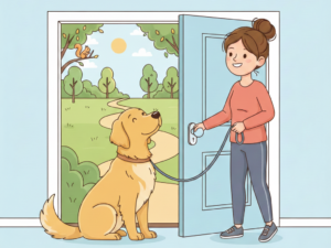 A calm golden dog sitting patiently at an open door while its owner holds a leash, showing the "wait at the door" boundary.