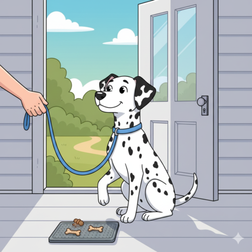 A patient dog practicing threshold training at the door with Zoomies Dog Care in Montgomery County.