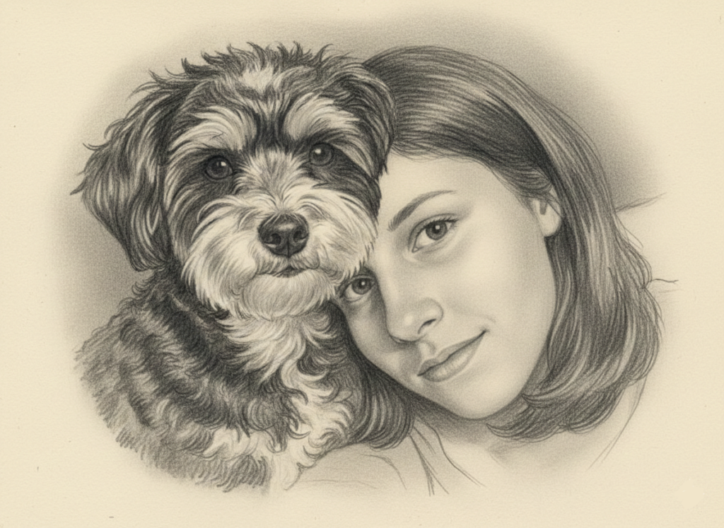 A pencil drawing of Nicole and her childhood Havanese dog, Lola, the inspiration for the name Zoomies Dog Care. dog zoomies explained