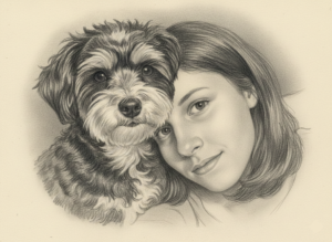 A pencil drawing of Nicole and her childhood Havanese dog, Lola, the inspiration for the name Zoomies Dog Care. dog zoomies explained